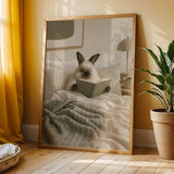Himalayan Rabbit Reading in Bed Poster | Scandinavian Gouache Bunny Wall Art | Warm Beige Soft Ivory Decor | Cozy Minimalist Bedroom Print