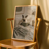 Himalayan Rabbit Reading in Bed Poster | Scandinavian Gouache Bunny Wall Art | Warm Beige Soft Ivory Decor | Cozy Minimalist Bedroom Print