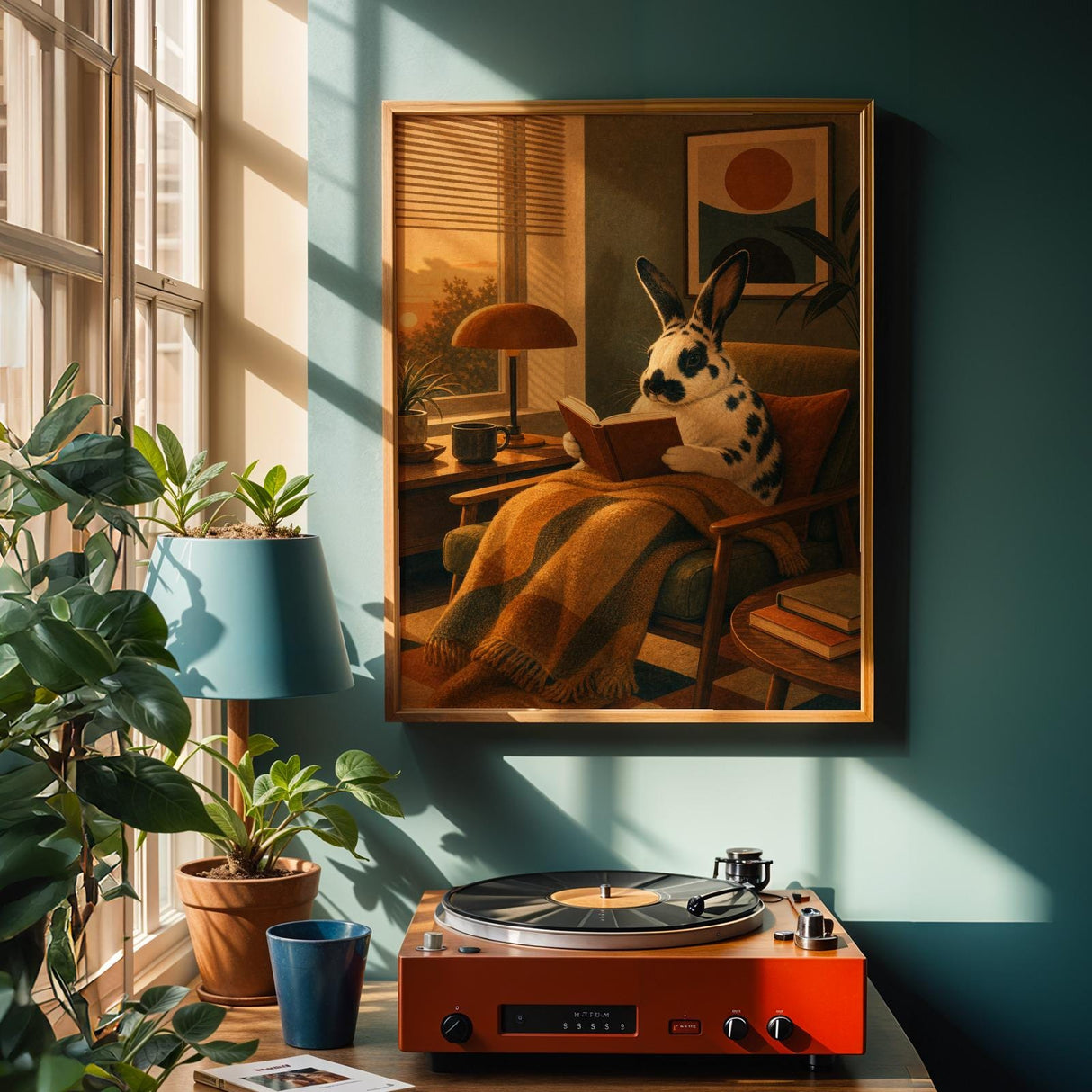 Harlequin Rabbit Reading in Armchair Poster | Retro Modern Bunny Wall Art Decor | Cozy Mid Century Living Room Print