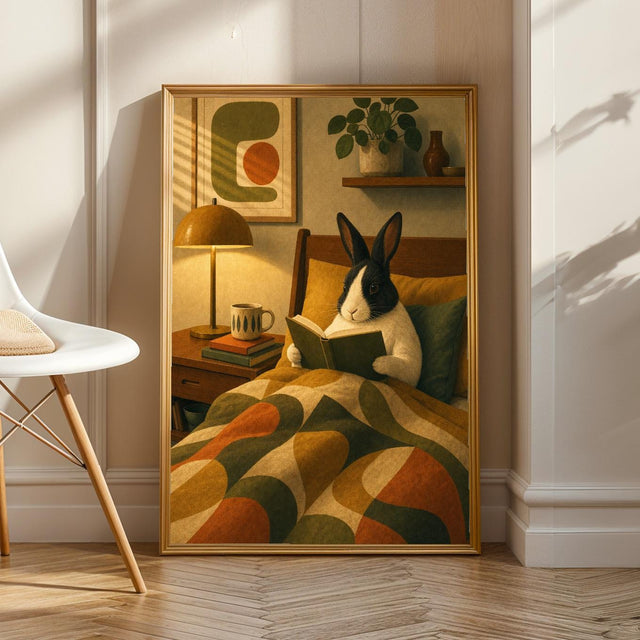Dutch Rabbit Reading in Armchair Poster | Mid Century Retro Bunny Wall Art | Yellow Green Decor | Cozy Modern Living Room Print