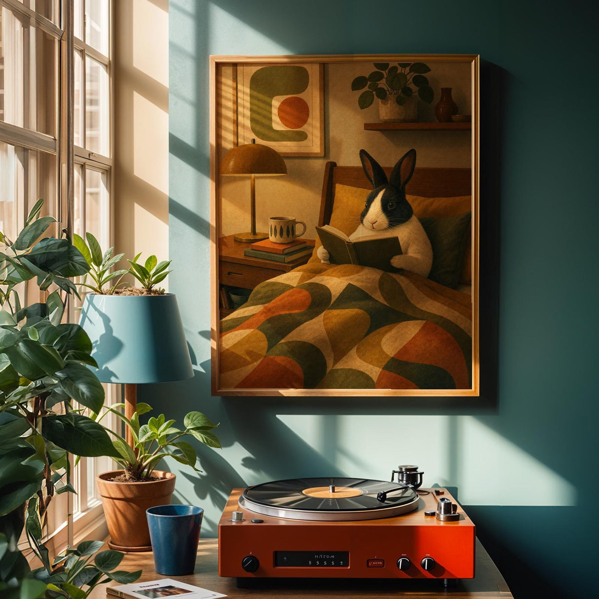 Dutch Rabbit Reading in Armchair Poster | Mid Century Retro Bunny Wall Art | Yellow Green Decor | Cozy Modern Living Room Print