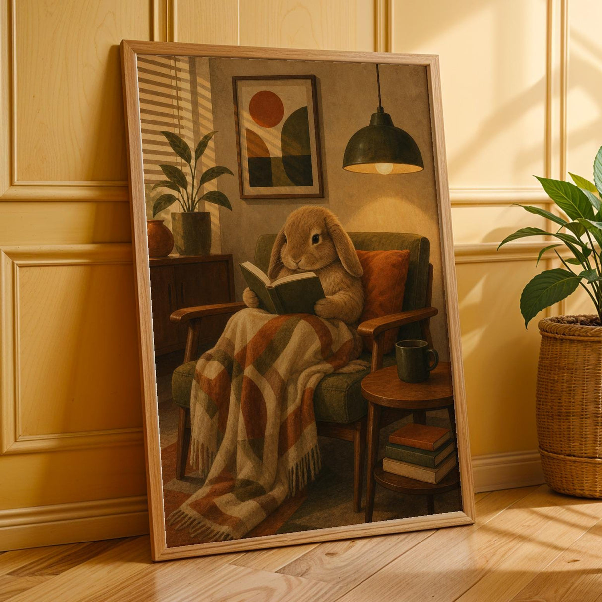 Mini Lop Rabbit Reading in Armchair Poster | Retro Modern Bunny Wall Art | Orange Olive Green Decor | Cozy Mid Century Living Room Print