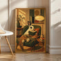 English Spot Rabbit Reading in Armchair Poster | Modern Bunny Wall Art | Green Warm Cream Decor | Cozy Reading Nook Living Room Print