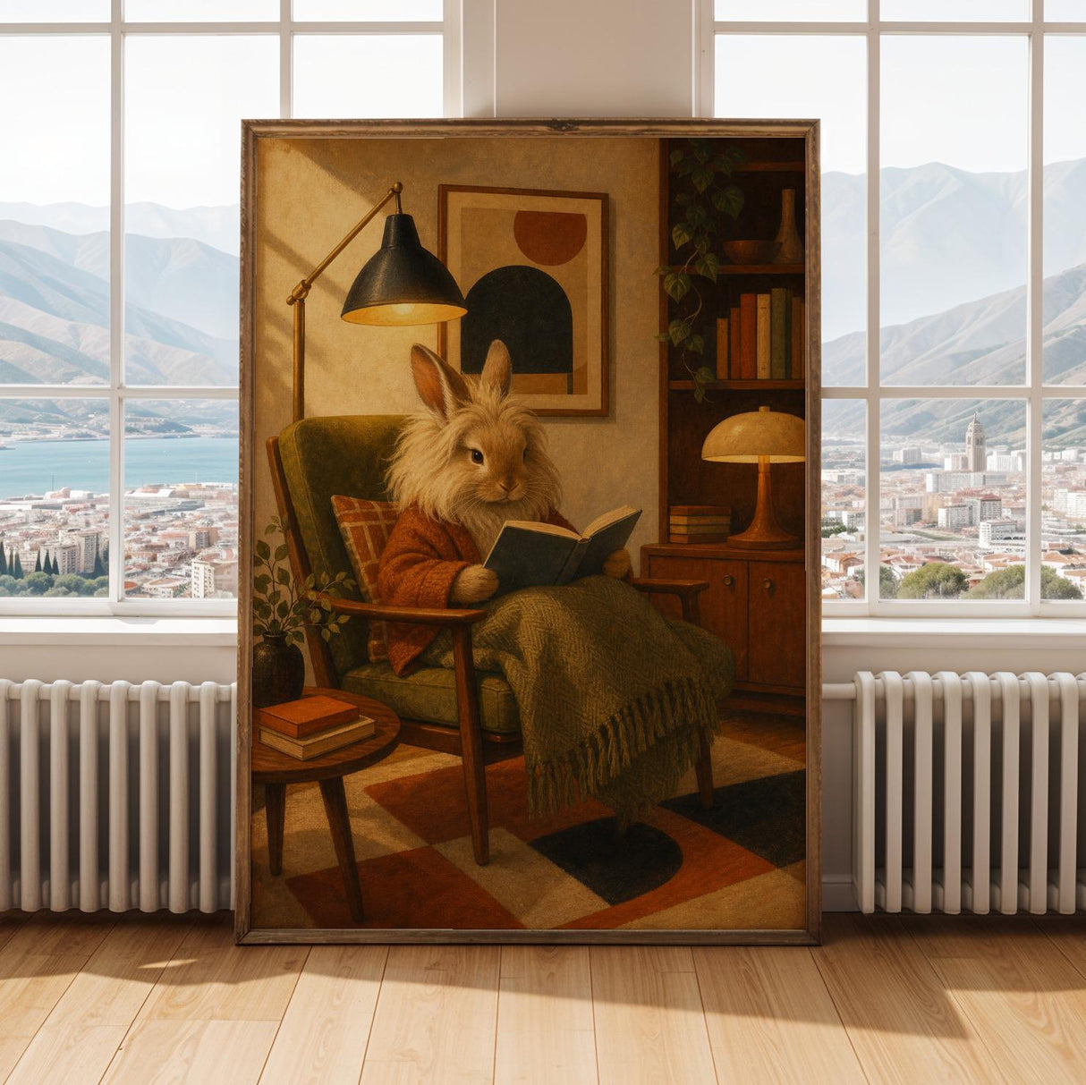 Lionhead Rabbit Reading in Armchair Poster | Retro Painterly Bunny Wall Art | Burnt Orange Warm Cream Decor | Cozy Mid Century Bedroom Print