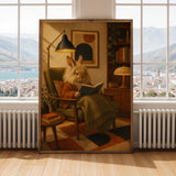 Lionhead Rabbit Reading in Armchair Poster | Retro Painterly Bunny Wall Art | Burnt Orange Warm Cream Decor | Cozy Mid Century Bedroom Print