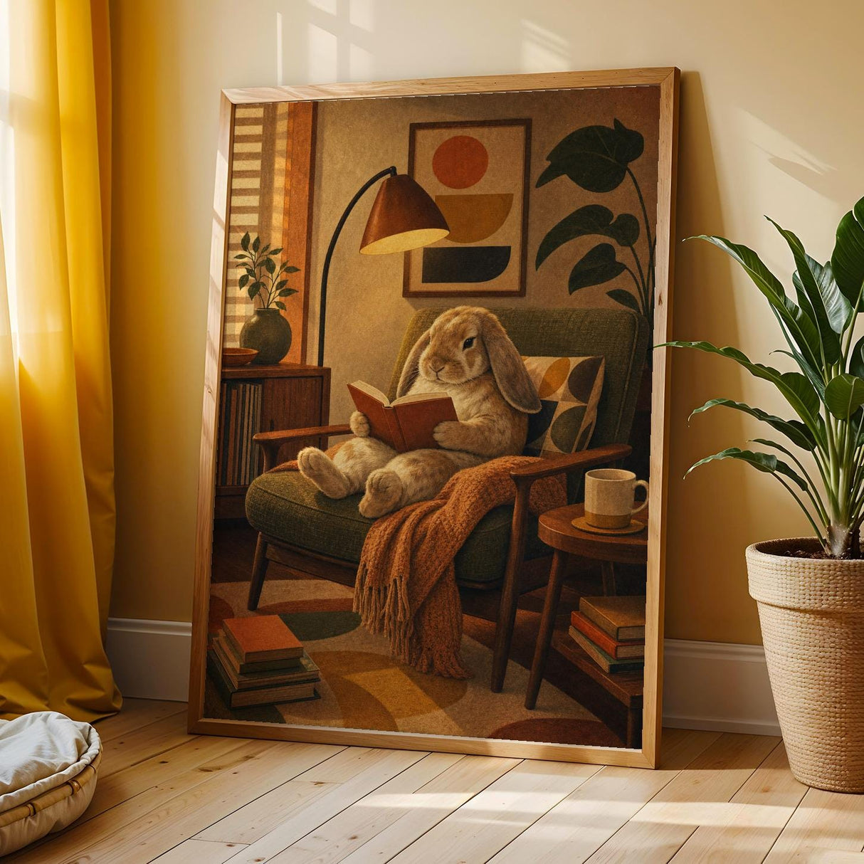 French Lop Rabbit Reading in Armchair Poster | Retro Painterly Bunny Wall Art | Muted Burnt Orange Decor | Cozy Mid Century Bedroom Print