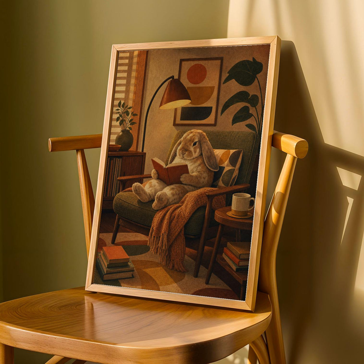 French Lop Rabbit Reading in Armchair Poster | Retro Painterly Bunny Wall Art | Muted Burnt Orange Decor | Cozy Mid Century Bedroom Print