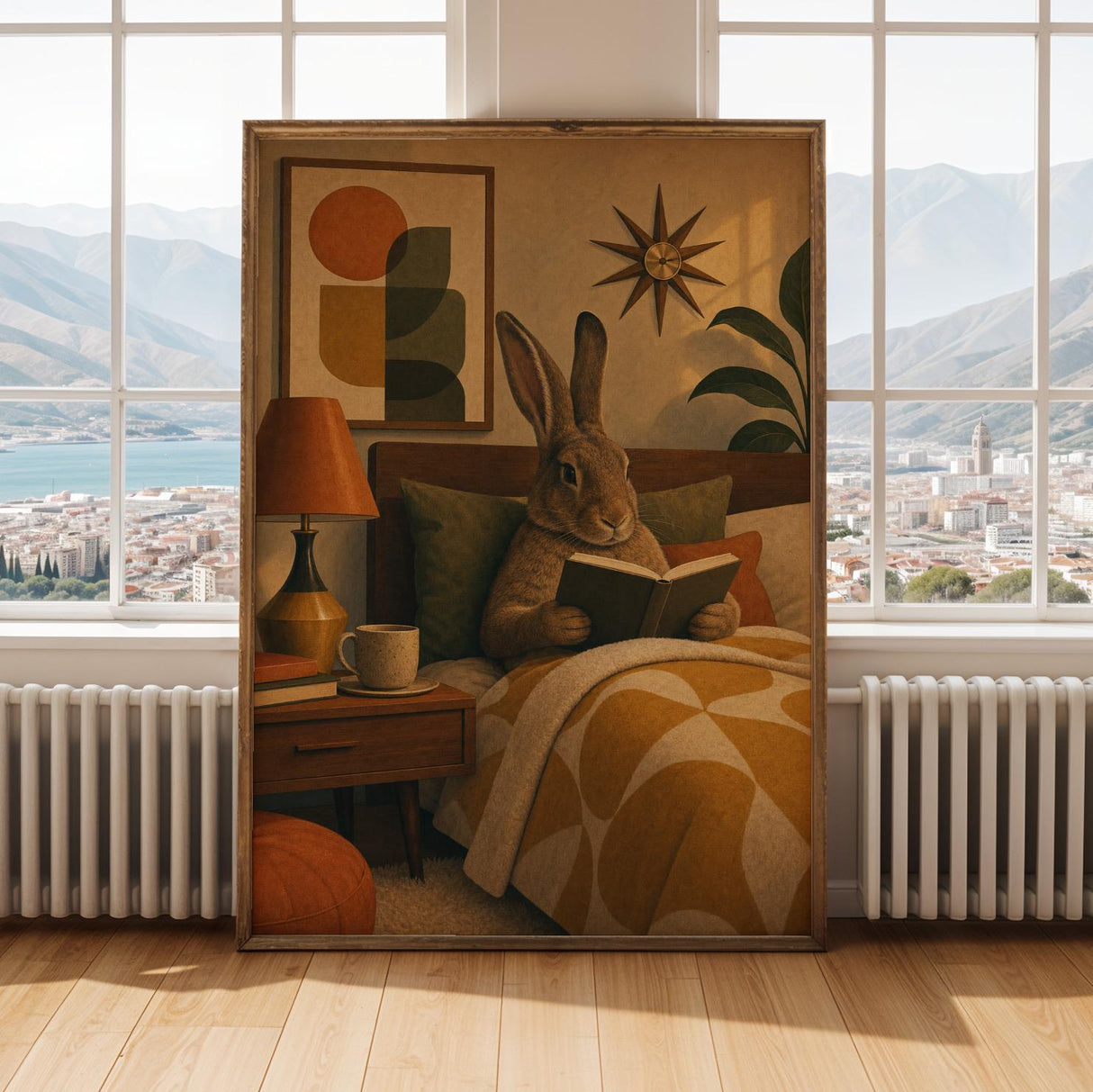 Flemish Giant Rabbit Reading in Bed Poster | Modern Cream Olive Bunny Wall Art | Cozy Bedroom Decor Print | Minimalist Scandinavian Home Art