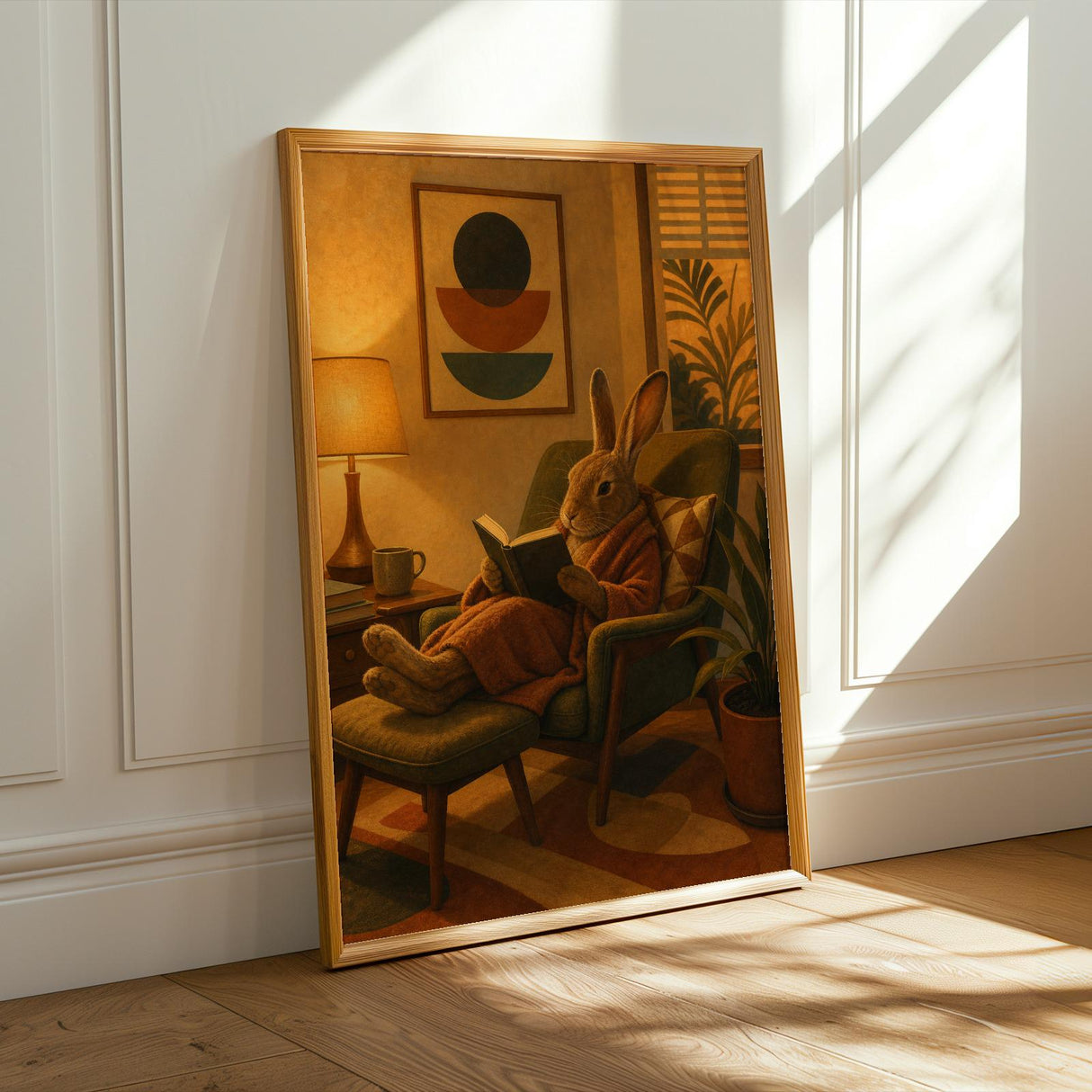 Havana Rabbit Reading in Armchair Poster | Retro Modern Bunny Wall Art | Mustard Yellow Burnt Orange Decor | Cozy Mid Century Bedroom Print