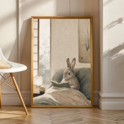 Californian Rabbit Reading in Bed illustrated in Japanese Zen Sumi-e style on a poster