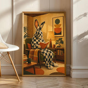 Checkered Giant Rabbit Reading in Armchair illustrated in Mid Century Modern style on a poster