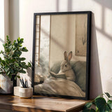 Californian Rabbit Reading in Bed Poster | Japanese Zen Sumi-e Bunny Wall Art | Warm Ivory Fog Gray Decor | Minimalist Bedroom Print