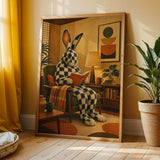 Checkered Giant Rabbit Reading in Armchair Poster | Mid Century Modern Bunny Wall Art | Yellow Brown Decor | Cozy Retro Living Room Print