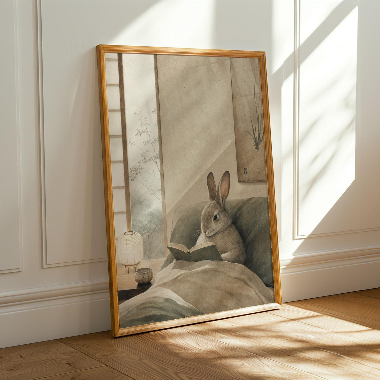 Californian Rabbit Reading in Bed Poster | Japanese Zen Sumi-e Bunny Wall Art | Warm Ivory Fog Gray Decor | Minimalist Bedroom Print