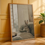Californian Rabbit Reading in Bed Poster | Japanese Zen Sumi-e Bunny Wall Art | Warm Ivory Fog Gray Decor | Minimalist Bedroom Print