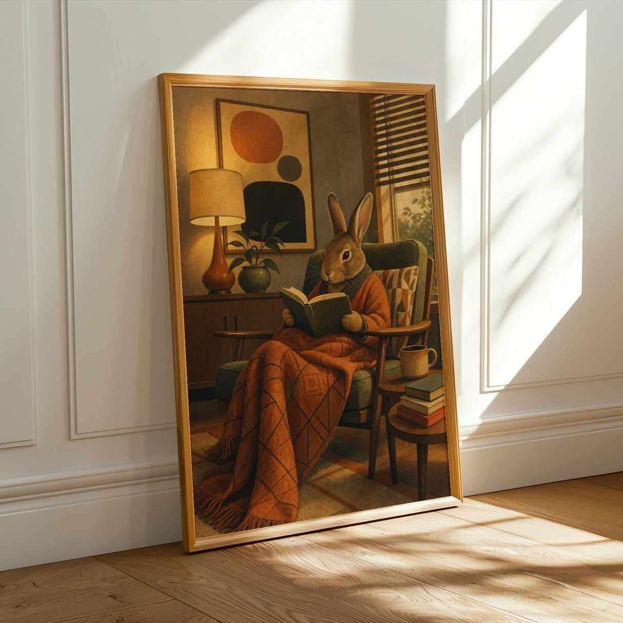 Rex Rabbit Reading in Bed Poster | Modern Gouache Bunny Wall Art | Warm Neutral Bedroom Decor | Cozy Minimalist Nook Print