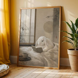Holland Lop Rabbit Reading in Bed Poster | Japanese Zen Sumi-e Bunny Wall Art | Warm Ivory Fog Gray Decor | Minimalist Bedroom Print