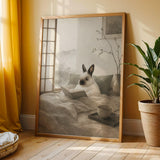 Himalayan Rabbit Reading in Bed Poster | Japanese Zen Ink Wash Bunny Wall Art | Warm Ivory Fog Gray Decor | Minimalist Bedroom Print