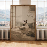 Himalayan Rabbit Reading in Bed Poster | Japanese Zen Ink Wash Bunny Wall Art | Warm Ivory Fog Gray Decor | Minimalist Bedroom Print