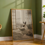 Himalayan Rabbit Reading in Bed Poster | Japanese Zen Ink Wash Bunny Wall Art | Warm Ivory Fog Gray Decor | Minimalist Bedroom Print