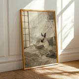 Himalayan Rabbit Reading in Bed Poster | Japanese Zen Ink Wash Bunny Wall Art | Warm Ivory Fog Gray Decor | Minimalist Bedroom Print
