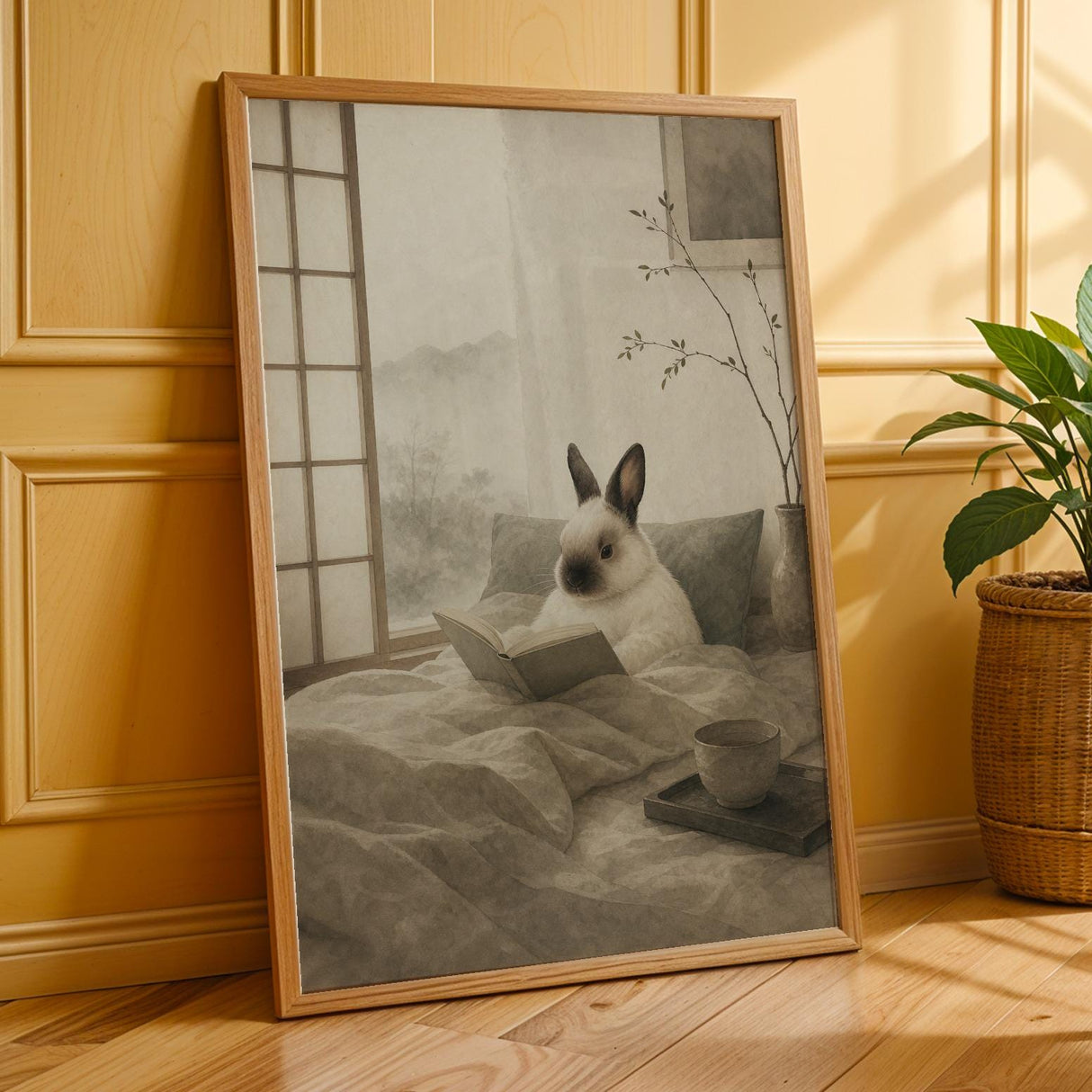 Himalayan Rabbit Reading in Bed Poster | Japanese Zen Ink Wash Bunny Wall Art | Warm Ivory Fog Gray Decor | Minimalist Bedroom Print