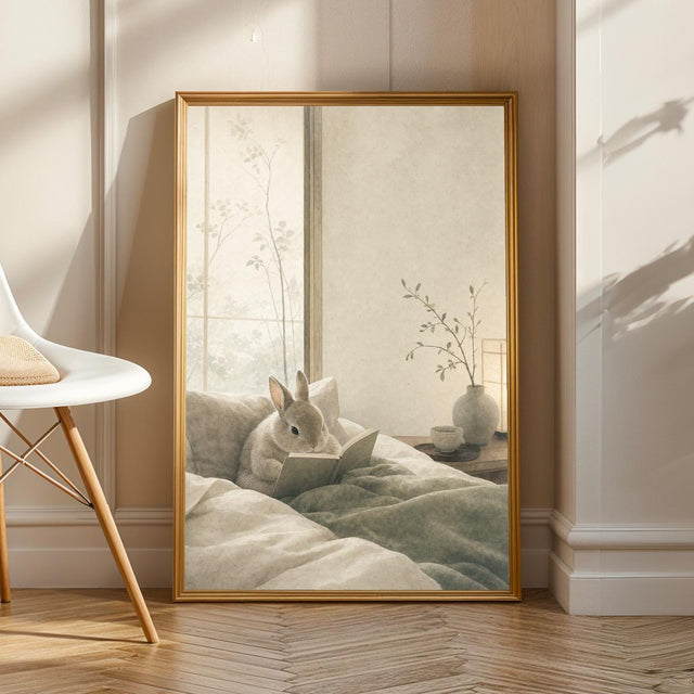 Netherland Dwarf Rabbit Reading in Bed Poster | Japanese Zen Sumi-e Bunny Wall Art | Warm Ivory Fog Gray Decor | Minimalist Bedroom Print