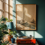 Netherland Dwarf Rabbit Reading in Bed Poster | Japanese Zen Sumi-e Bunny Wall Art | Warm Ivory Fog Gray Decor | Minimalist Bedroom Print