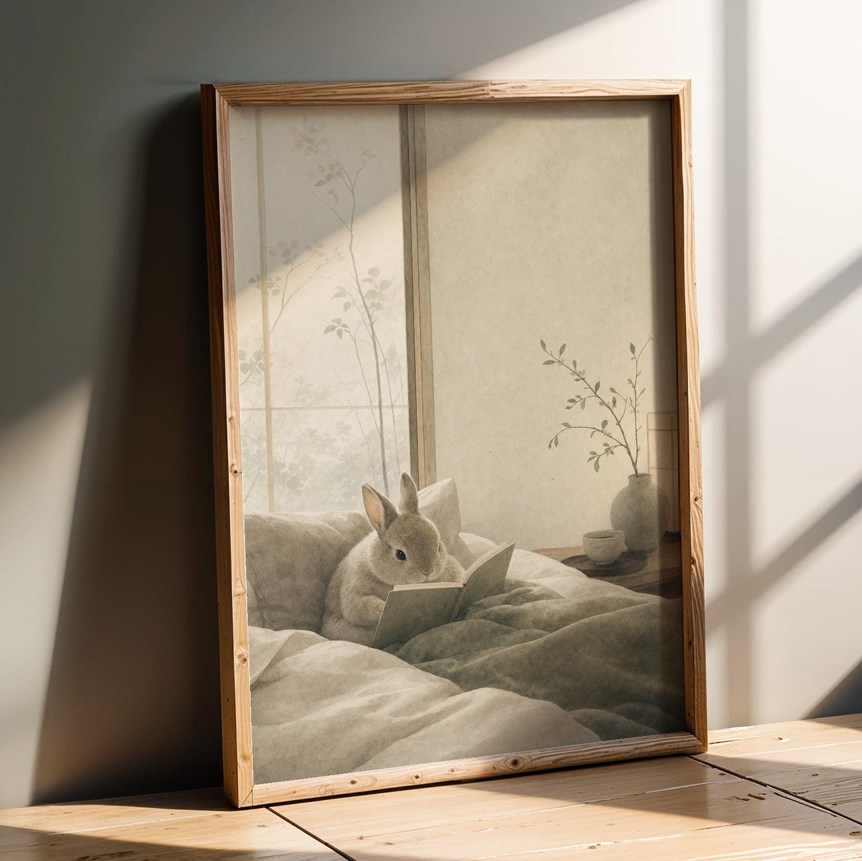 Netherland Dwarf Rabbit Reading in Bed Poster | Japanese Zen Sumi-e Bunny Wall Art | Warm Ivory Fog Gray Decor | Minimalist Bedroom Print