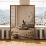 Mini Rex Rabbit Reading in Bed Poster | Japanese Zen Sumi-e Bunny Wall Art | Warm Ivory Fog Gray Decor | Minimalist Bedroom Print