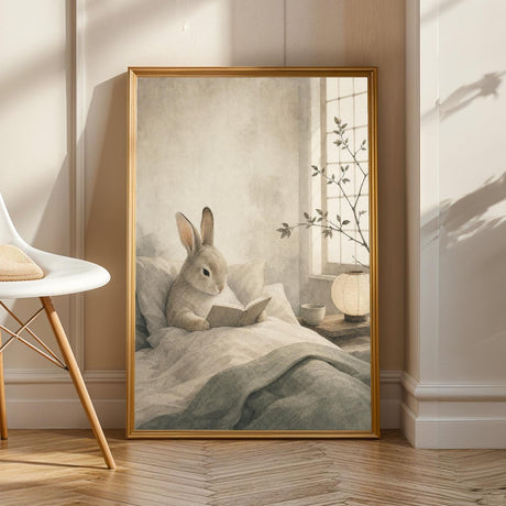 Satin Rabbit Reading in Bed Poster | Japanese Zen Sumi-e Bunny Wall Art | Warm Ivory Fog Gray Decor | Minimalist Bedroom Print