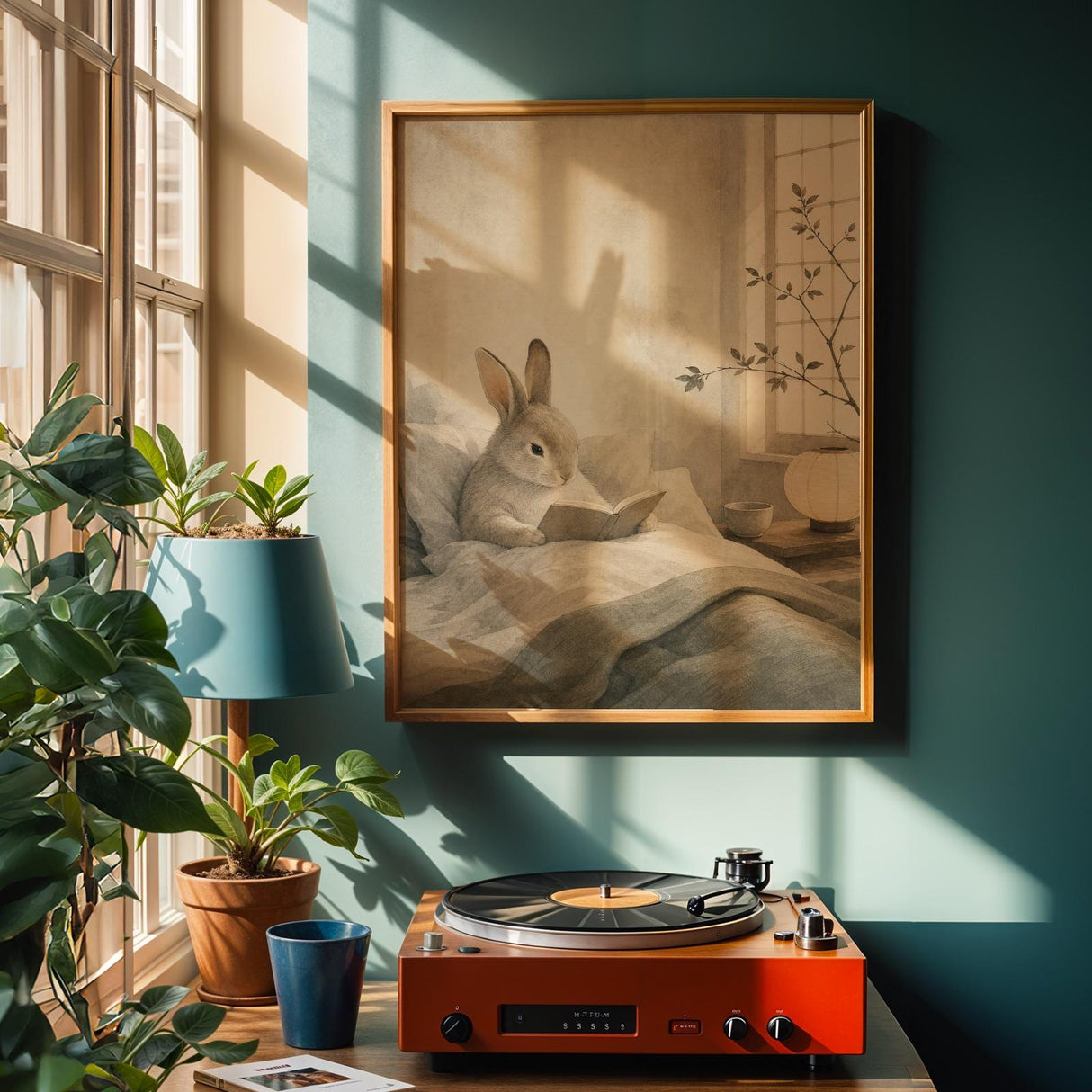 Satin Rabbit Reading in Bed Poster | Japanese Zen Sumi-e Bunny Wall Art | Warm Ivory Fog Gray Decor | Minimalist Bedroom Print