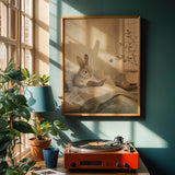 Satin Rabbit Reading in Bed Poster | Japanese Zen Sumi-e Bunny Wall Art | Warm Ivory Fog Gray Decor | Minimalist Bedroom Print