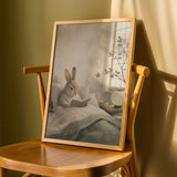 Satin Rabbit Reading in Bed Poster | Japanese Zen Sumi-e Bunny Wall Art | Warm Ivory Fog Gray Decor | Minimalist Bedroom Print