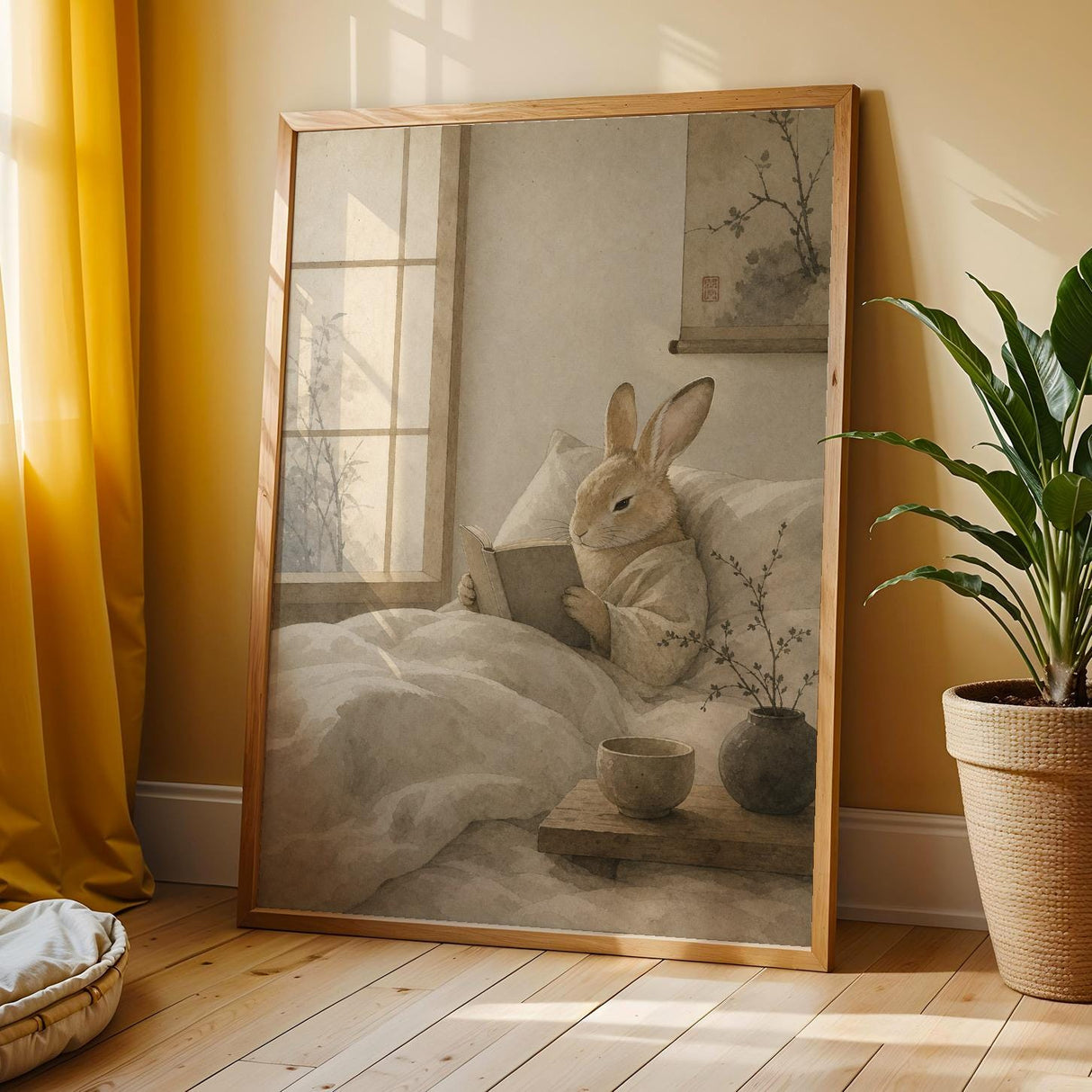 Tan Rabbit Reading in Bed Poster | Japanese Zen Sumi-e Bunny Wall Art | Warm Ivory Neutral Decor | Minimalist Ink Wash Bedroom Print