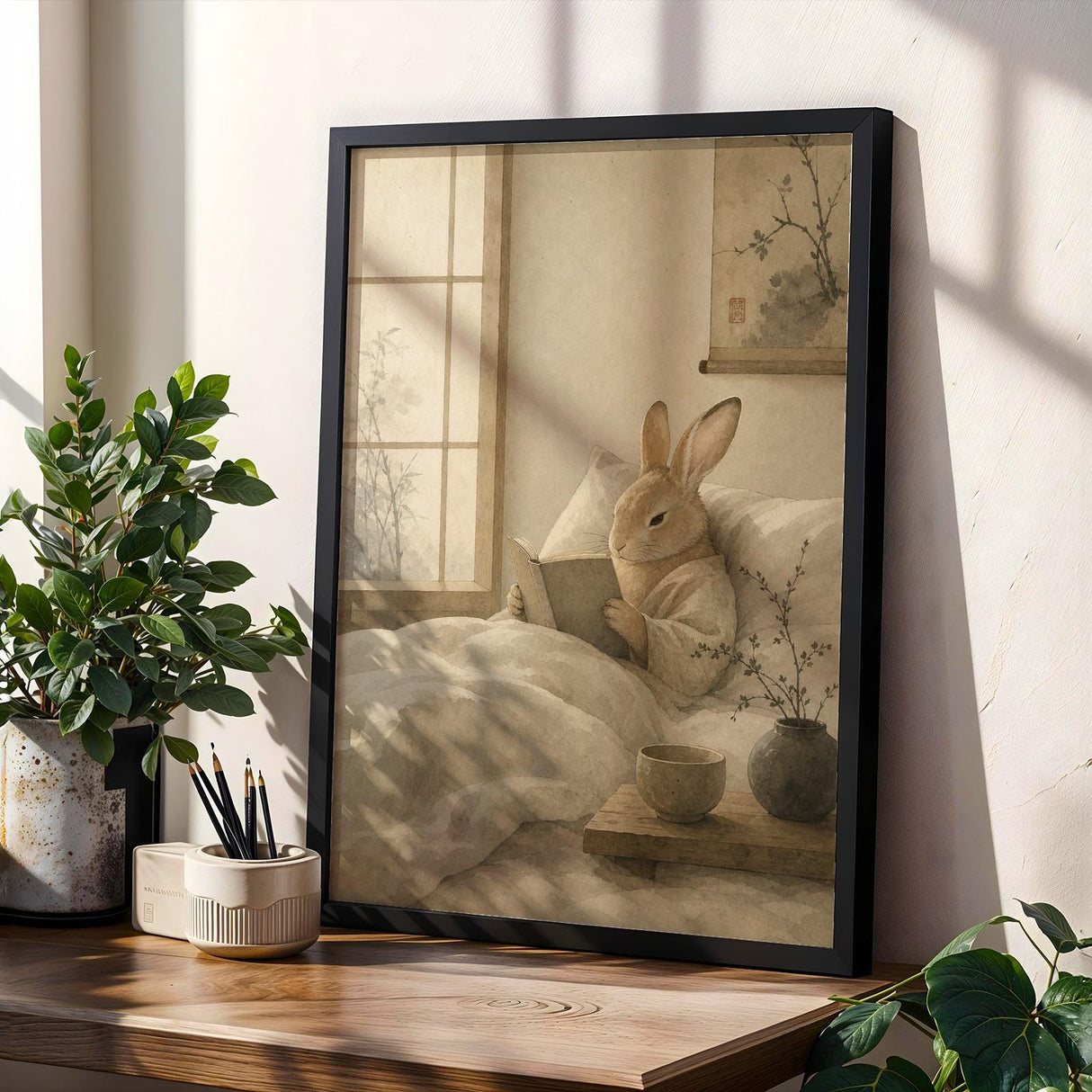 Tan Rabbit Reading in Bed Poster | Japanese Zen Sumi-e Bunny Wall Art | Warm Ivory Neutral Decor | Minimalist Ink Wash Bedroom Print