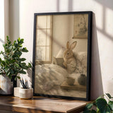Tan Rabbit Reading in Bed Poster | Japanese Zen Sumi-e Bunny Wall Art | Warm Ivory Neutral Decor | Minimalist Ink Wash Bedroom Print