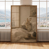 Tan Rabbit Reading in Bed Poster | Japanese Zen Sumi-e Bunny Wall Art | Warm Ivory Neutral Decor | Minimalist Ink Wash Bedroom Print