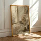 Tan Rabbit Reading in Bed Poster | Japanese Zen Sumi-e Bunny Wall Art | Warm Ivory Neutral Decor | Minimalist Ink Wash Bedroom Print