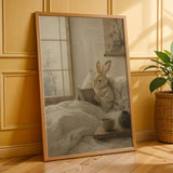 Tan Rabbit Reading in Bed Poster | Japanese Zen Sumi-e Bunny Wall Art | Warm Ivory Neutral Decor | Minimalist Ink Wash Bedroom Print
