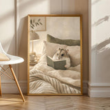 Russian Dwarf Hamster Reading in Bed Poster | Modern Gouache Hamster Wall Art | Warm Beige Oat Milk Decor | Cozy Minimalist Bedroom Print