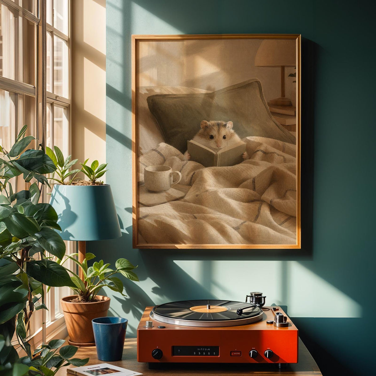 Roborovski Hamster Reading in Bed Poster | Modern Gouache Hamster Wall Art | Warm Beige Oat Milk Decor | Cozy Minimalist Bedroom Print