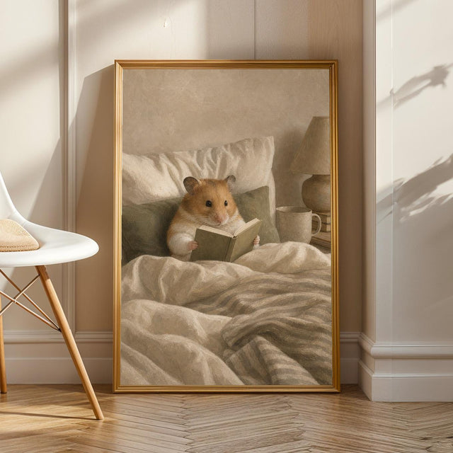 Syrian Hamster Reading in Bed Poster | Nordic Gouache Hamster Wall Art | Warm Beige Neutral Decor | Cozy Minimalist Nook Print
