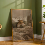 Syrian Hamster Reading in Bed Poster | Nordic Gouache Hamster Wall Art | Warm Beige Neutral Decor | Cozy Minimalist Nook Print