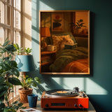 Teddy Bear Hamster Reading in Armchair Poster | Mid Century Modern Editorial Wall Art | Orange Yellow Decor | Cozy Retro Living Room Print