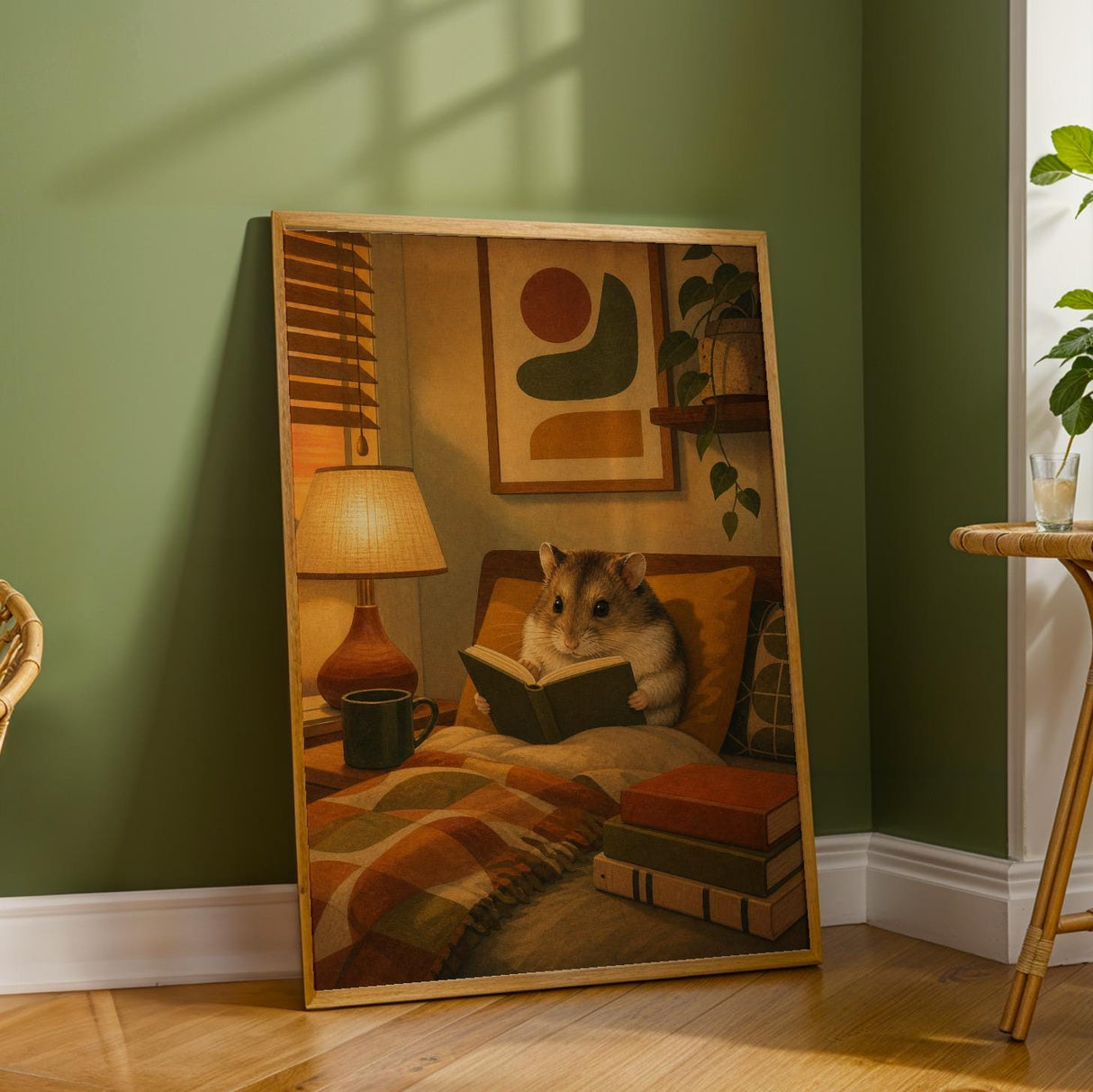 Campbell’s Dwarf Hamster Reading in Armchair Poster | Modern Hamster Wall Art | Yellow Orange Decor | Cozy Mid Century Living Room Print