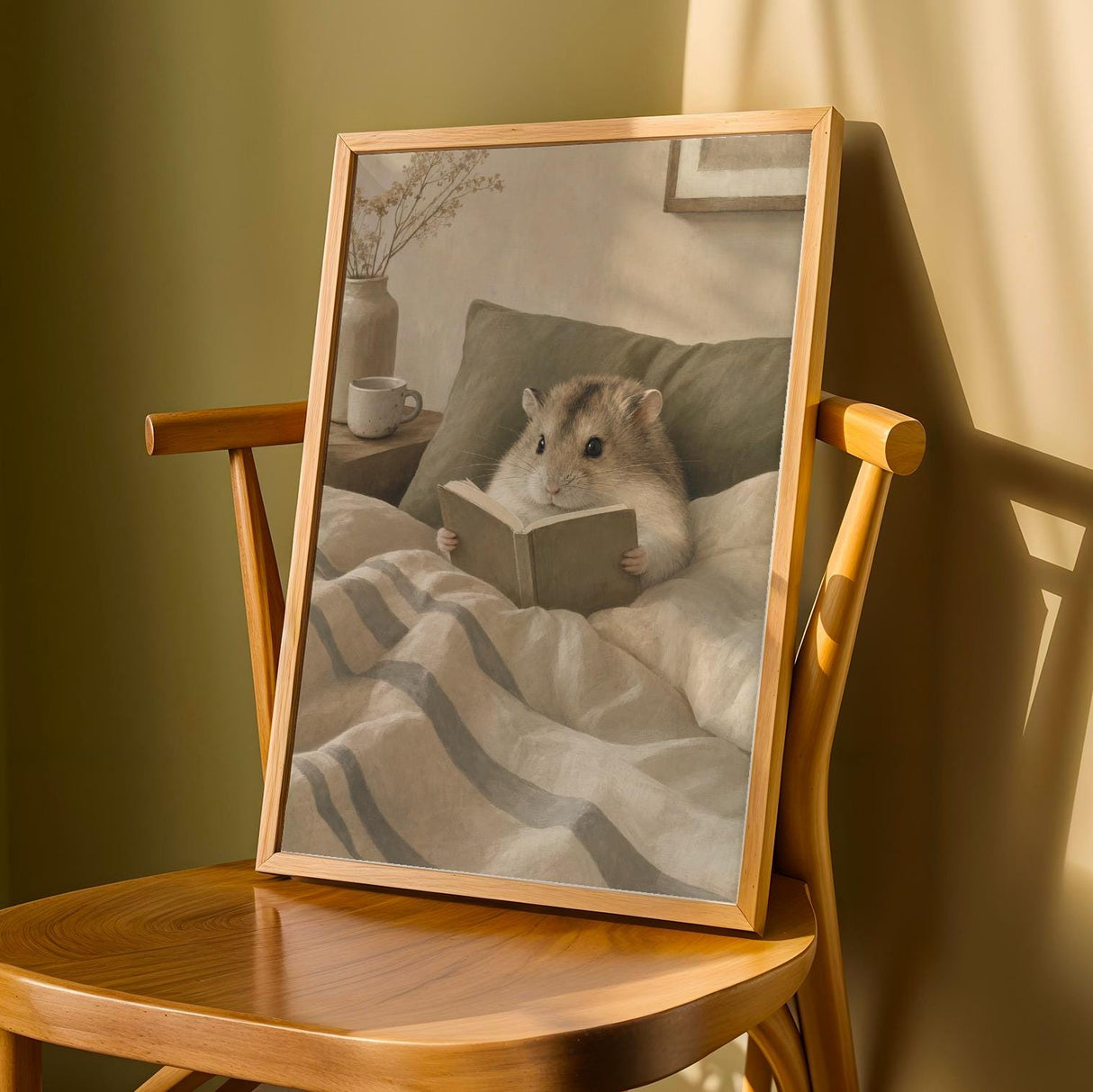 Campbell’s Dwarf Hamster Reading in Bed Poster | Nordic Gouache Hamster Wall Art | Warm Beige Oat Milk Decor | Cozy Minimalist Bedroom Print