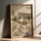 Campbell’s Dwarf Hamster Reading in Bed Poster | Nordic Gouache Hamster Wall Art | Warm Beige Oat Milk Decor | Cozy Minimalist Bedroom Print