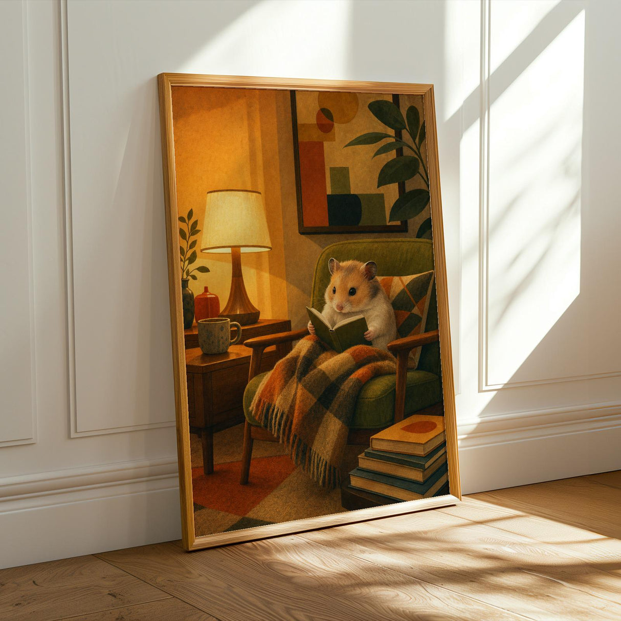 Chinese Hamster Reading in Armchair Poster | Retro Modern Hamster Wall Art | Orange Olive Green Decor | Cozy Mid Century Living Room Print