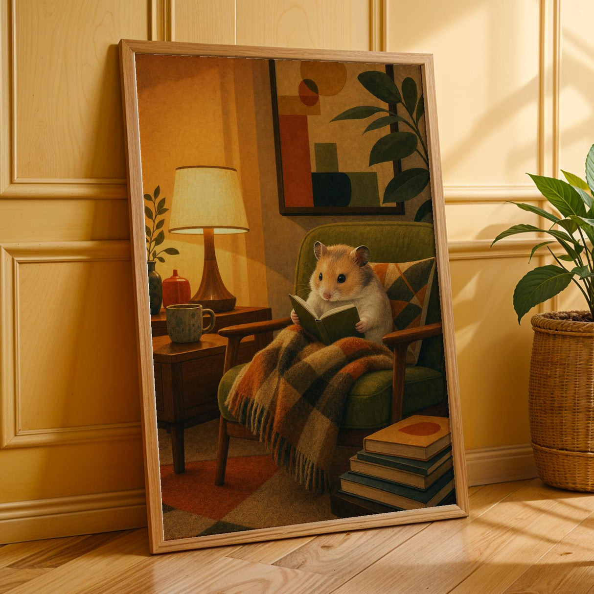 Chinese Hamster Reading in Armchair Poster | Retro Modern Hamster Wall Art | Orange Olive Green Decor | Cozy Mid Century Living Room Print